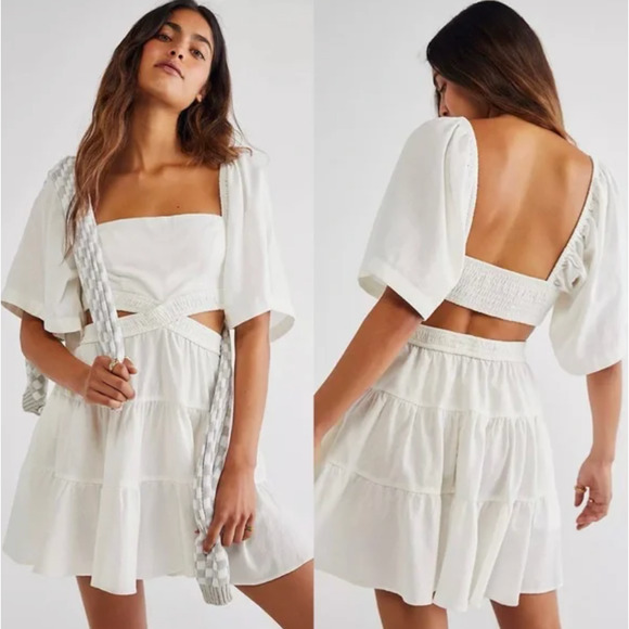 Free People Cross of Sunlight Cut Out Linen Mini Dress Ivory M - Picture 1 of 11